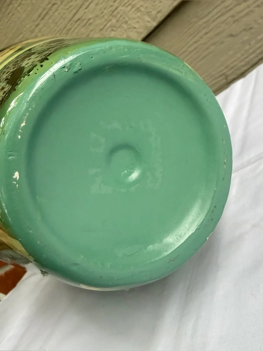 American Folk Art Pottery Vase  11” Rustic Country Farm Green Glossy Horse Flag